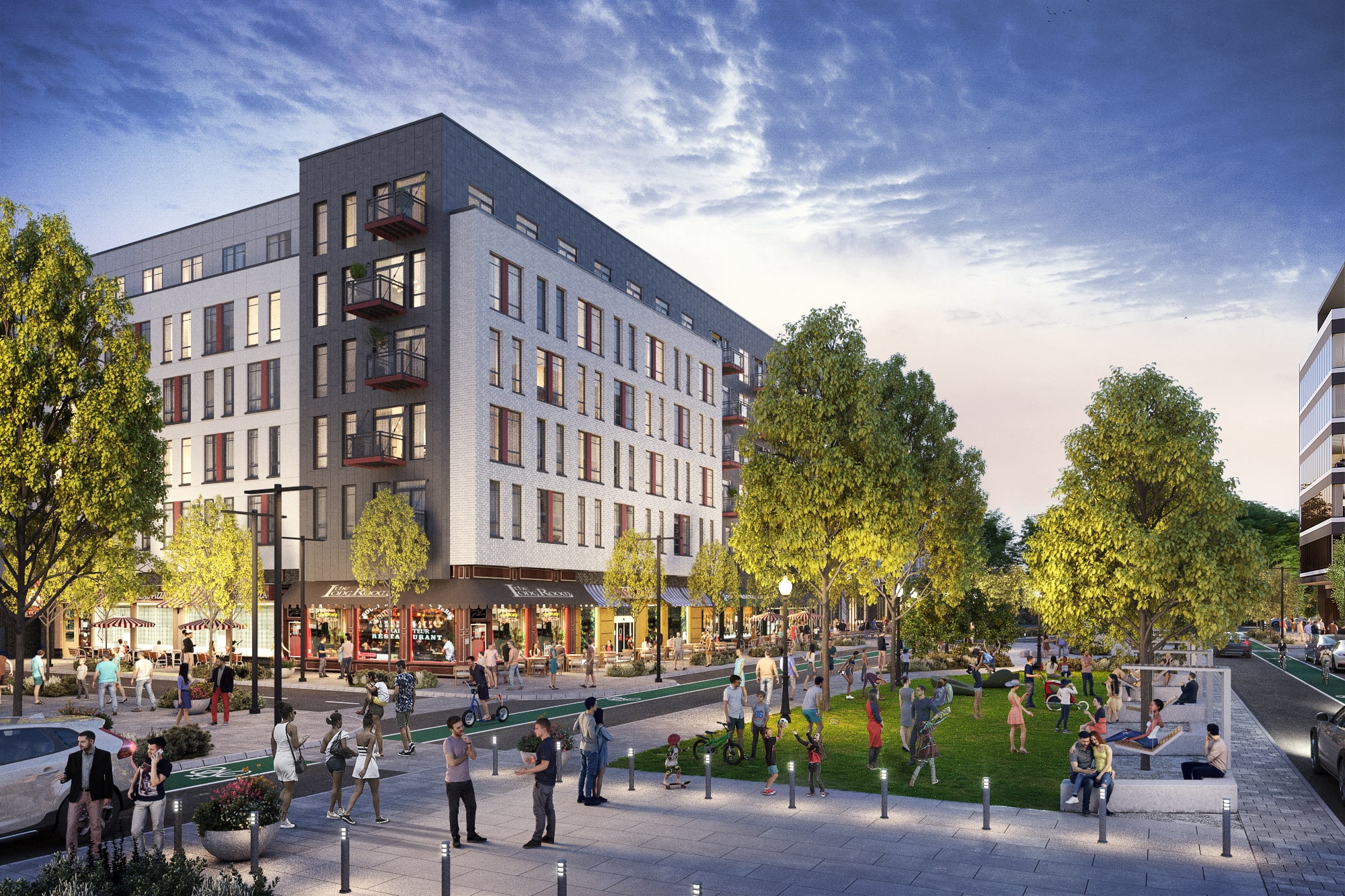 Rendering of building, retail and outdoor plaza at West Falls