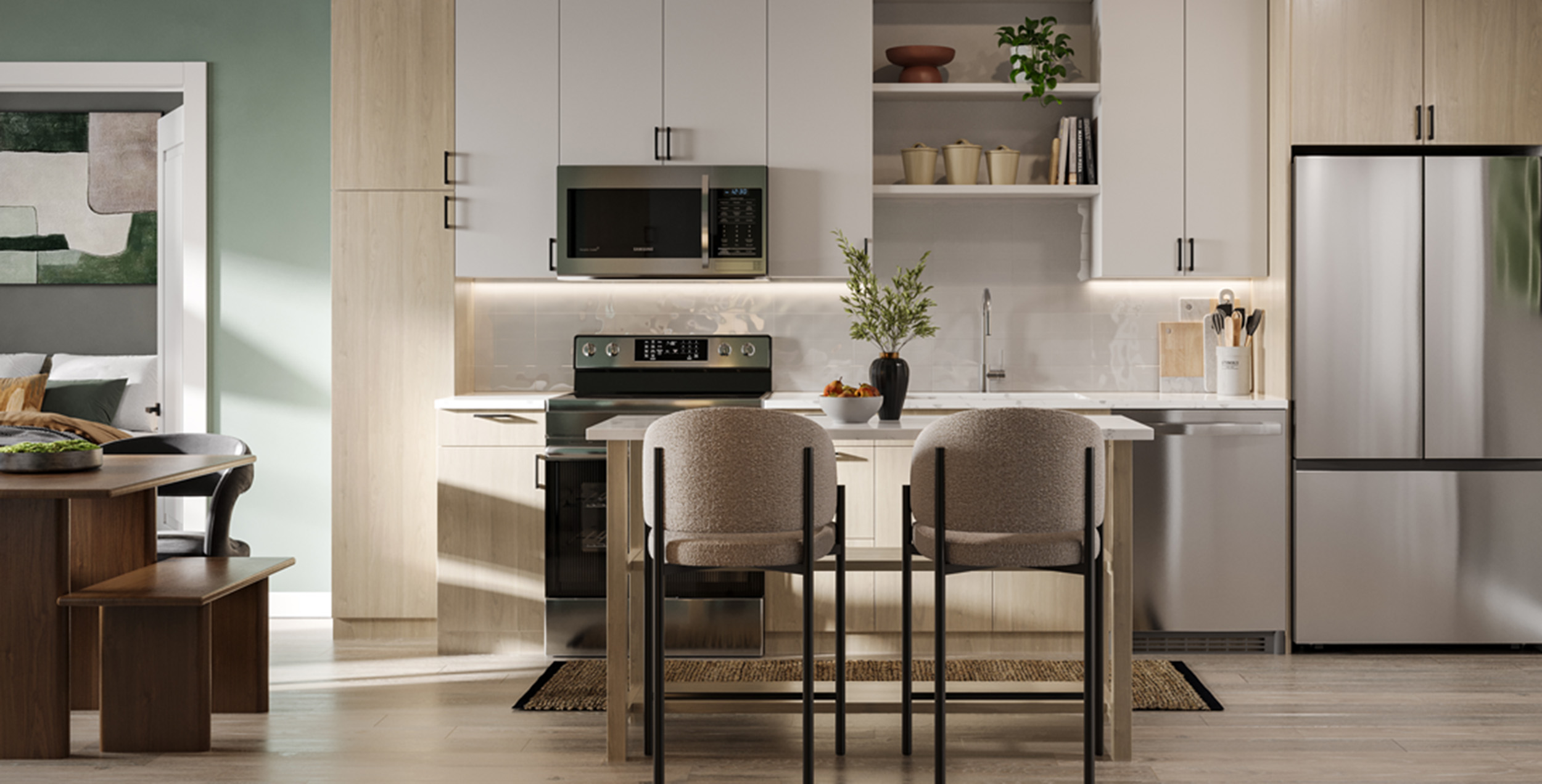 live alder kitchen with island and chairs