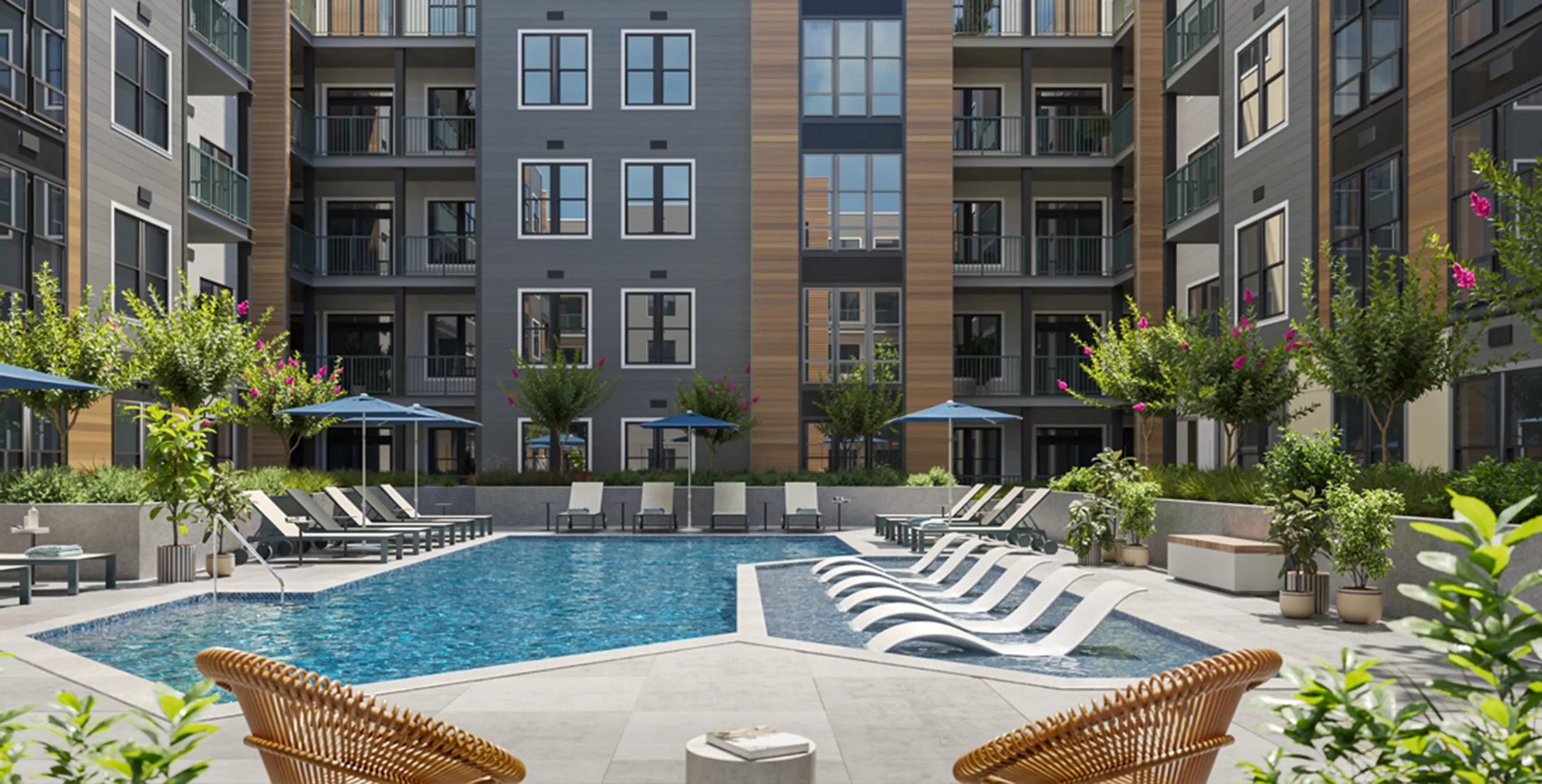Live alder pool with lounge chairs in water